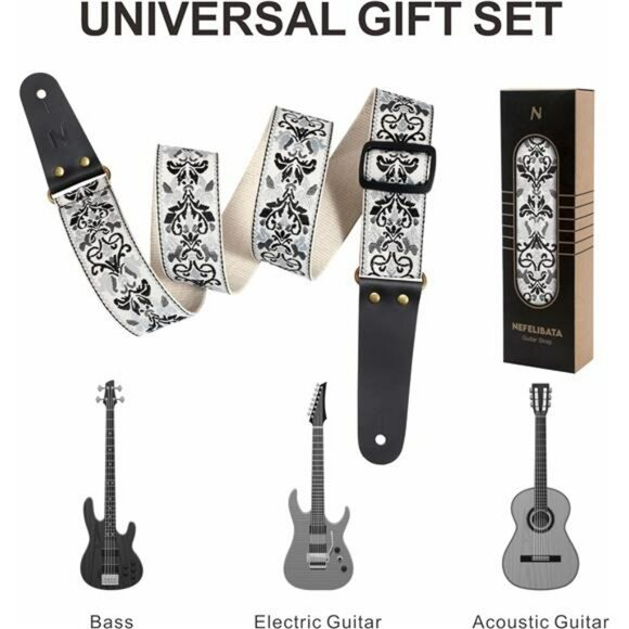 Embroidered cotton guitar strap set with picks locks for acoustic electric - Picture 4 of 7